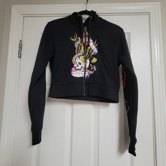 Ed Hardy Black New York City Nyc Skull Cropped Hoodie Size Large. - Picture 8 of 12